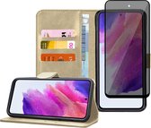 Samsung S21 FE Book Case Hoesje - Samsung S21 FE Privacy Screenprotector - Flip Hoes Goud met Screen Cover Privé Tempered Glas Protector