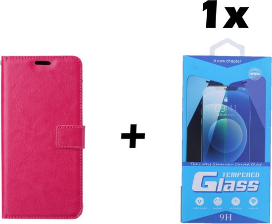 Étui de téléphone rose et emballage avec protecteur d'écran en verre trempé.