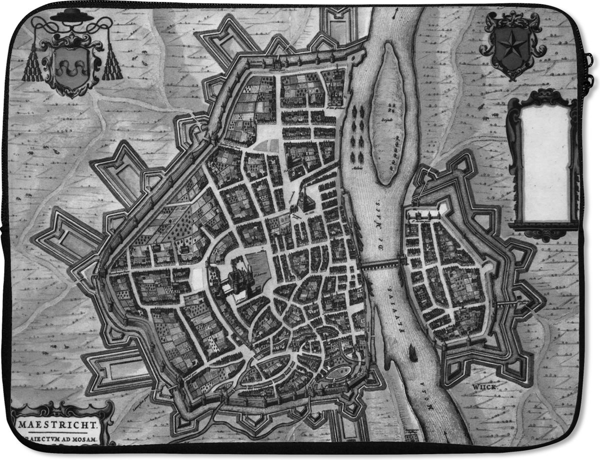 Laptophoes 15.6 inch - Plattegrond - Maastricht - Zwart Wit - Laptop sleeve - Binnenmaat 37x26 cm - Zwarte achterkant - Stadskaart