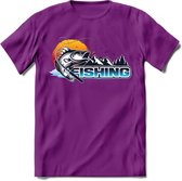 Fishing - Vissen T-Shirt | Grappig Verjaardag Vis Hobby Cadeau Shirt | Dames - Heren - Unisex | Tshirt Hengelsport Kleding Kado - Paars - XXL