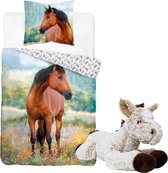 Paarden dekbedovertrek set 140 x 200 cm, incl. super zachte paarden knuffel - 32 cm - Beige/bruin - kinderen slaapkamer - eenpersoons dekbed