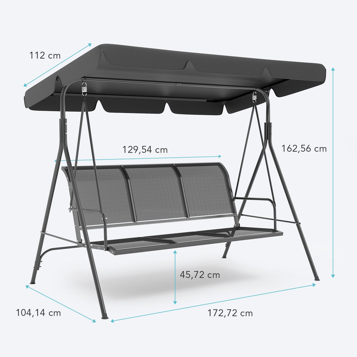 LifeGoods Schommelbank - 3-zits - tot 250KG - Kantelbaar Dak - UV-bestendig Zonnescherm - 172x104x162cm - Grijs — afbeelding 3