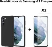 samsung galaxy s22 plus-pro hoesje siliconen zwart+ 2x screen protector-samsung s22 plus-pro hoesje blach back cover s22 plus-pro