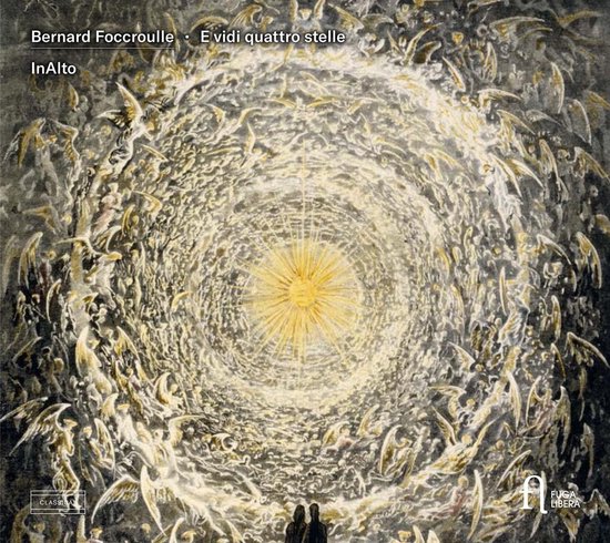 Cover van CD 'InAlto' met een schildering van engelen die zich in een cirkel rondom een helder licht bewegen. Twee figuren staan beneden.