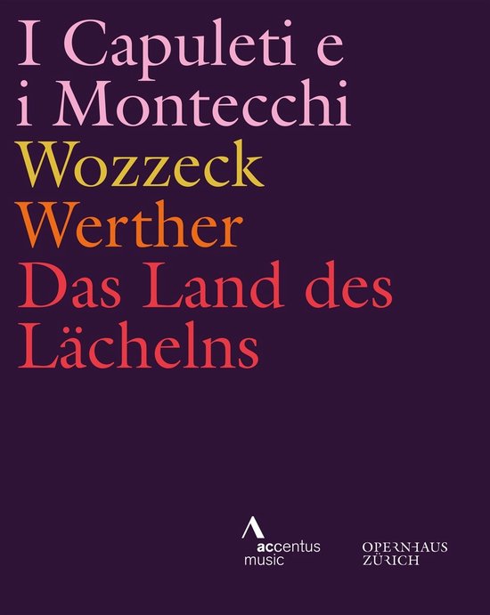 Paarse hoes met kleurrijke titels: I Capuleti e i Montecchi, Wozzeck, Werther en Das Land des Lächelns.