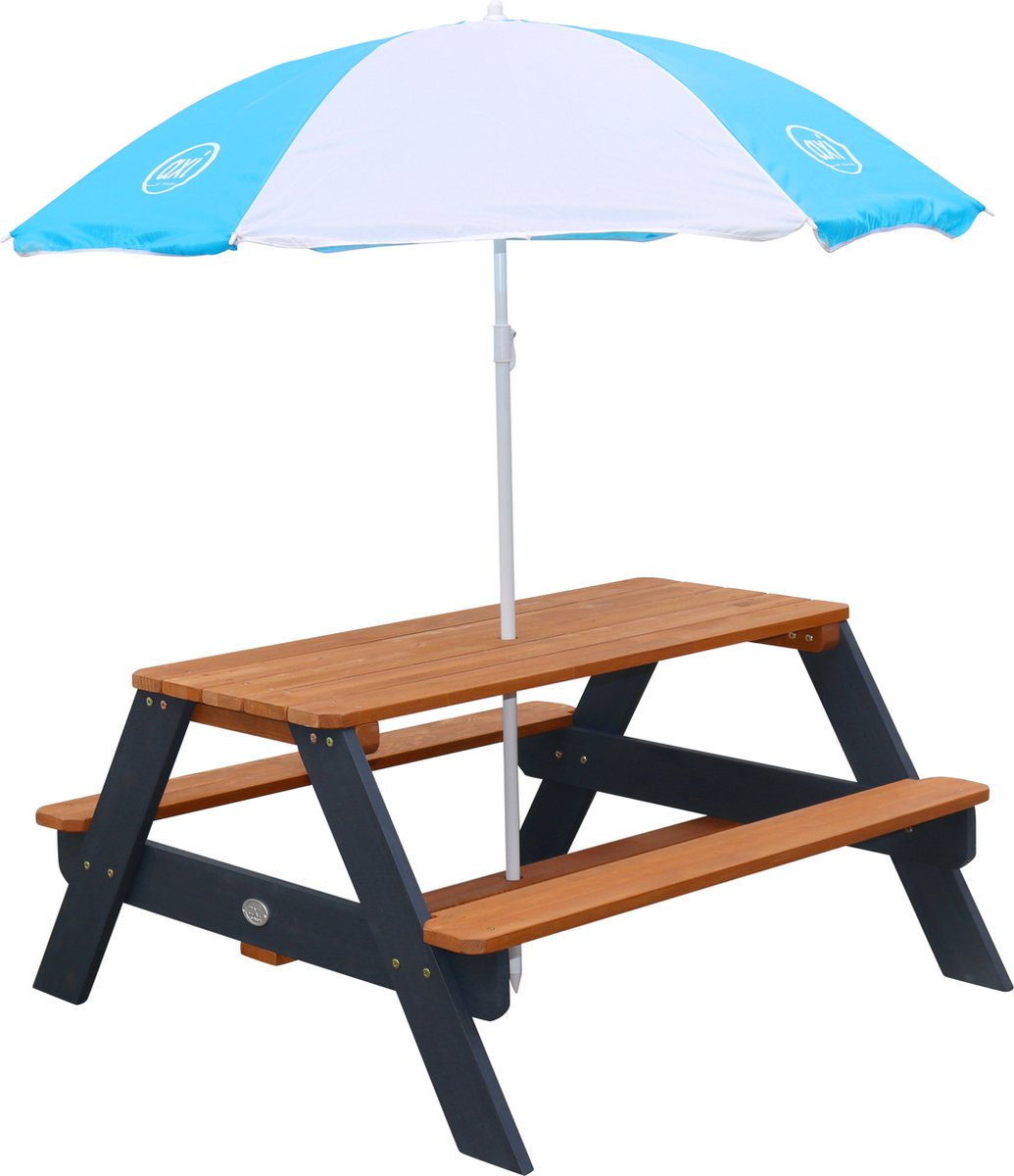 AXI Nick Picknicktafel Antraciet/bruin - Parasol Blauw/wit - Picknick tafel voor kinderen van FSC hout