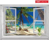 D&C Collection - tuinposter - 90x65 cm - doorkijk - wit luxe venster palmen strand met hangmat en bloemen- tuin decoratie - tuinposters buiten - schuttingposter - tuinschilderij