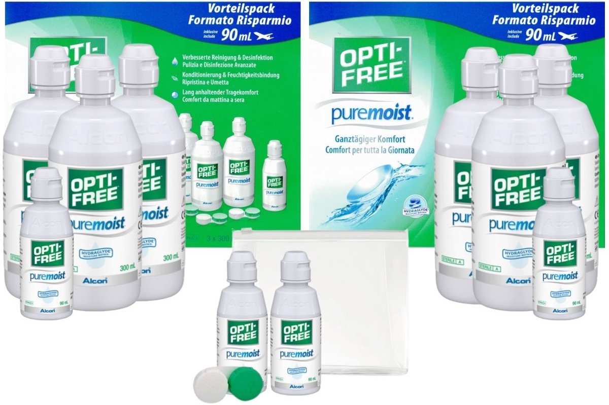 OptiFree Puremoist 2x voordeelpak: 3x 300ml '+ 90ml '+ 3lenshouders '+ gratis reisverpakking: 2x 60ml