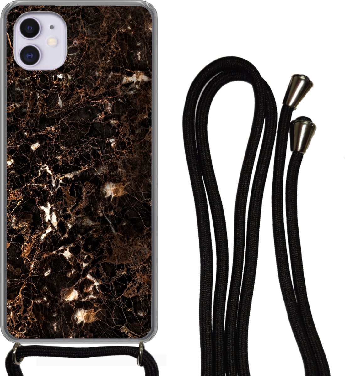 Telefoonkoord - Telefoonketting - Telefoonhoesje Geschikt voor iPhone 12 Mini - Marmer print - Zwart - Goud - Siliconen - Crossbody - Telefoonhoesje met koord Telefoonhoesje