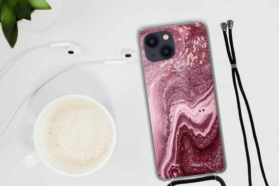 Coque avec cordon iPhone 13 Mini - Natuursteen - Rose - Glitter - Siliconen - Bandoulière - Coque arrière avec cordon - Coque pour téléphone avec cordon - Coque avec corde