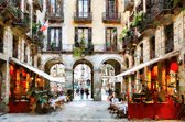 JJ-Art (Glas) | Barcelona - Spanje - Abstract - restaurants - terrassen | stad - gebouwen - woonkamer - slaapkamer - modern, rood, bruin | Foto-schilderij-glasschilderij-acrylglas-acrylaat-wa