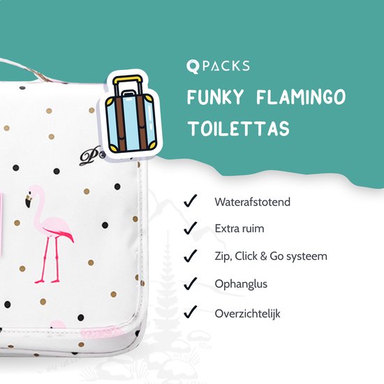Qpacks - Funky Flamingo Reis Toilettas - Waterproof - Ophangbaar – Beautycase – Wit - Qpacks