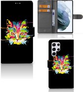 Wallet Book Case Geschikt voor Samsung Galaxy S22 Ultra Smartphone Hoesje Cat Color Leuke Verjaardagscadeaus