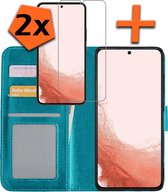 Hoesje Geschikt voor Samsung S22 Plus Hoes Bookcase Flipcase Book Cover Met 2x Screenprotector - Hoes Geschikt voor Samsung Galaxy S22 Plus Hoesje Book Case - Turquoise