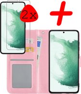 Hoes Geschikt voor Samsung S22 Plus Hoesje Bookcase Hoes Flip Case Book Cover Met 2x Screenprotector - Hoesje Geschikt voor Samsung Galaxy S22 Plus Hoes Book Case Hoesje - Lichtroze