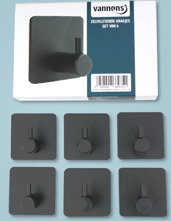 Verpakking met 6 zelfklevende haakjes van Vannons, matzwart, met QR-code en productinformatie.