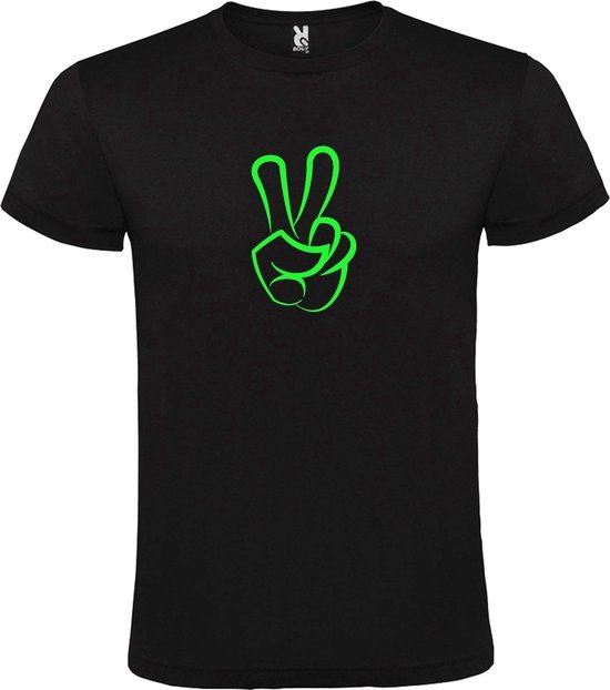 Zwart  T shirt met  "Peace  / Vrede teken" print Neon Groen size XL