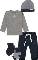 Noppies - Kledingset - 5delig - Grijs shirt - Blauwe broek - Muts blauw - 2 p sokjes - Maat 68