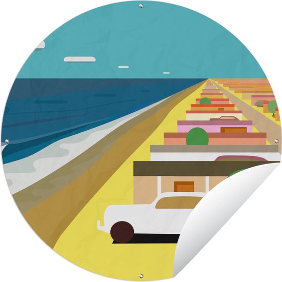Tuincirkel Illustratie van een Amerikaanse auto bij strandhuizen - 60x60 cm - Ronde Tuinposter - Buiten