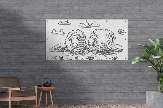 Affiche de clôture deux moutons dans le pré - 200x100 cm - Toile de jardin