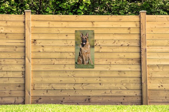 Affiche de jardin Herder allemand assis au soleil - 40x80 cm - Décoration murale Extérieur - Affiche de jardin - Toile de jardin - Affiche de clôture - Peinture de jardin