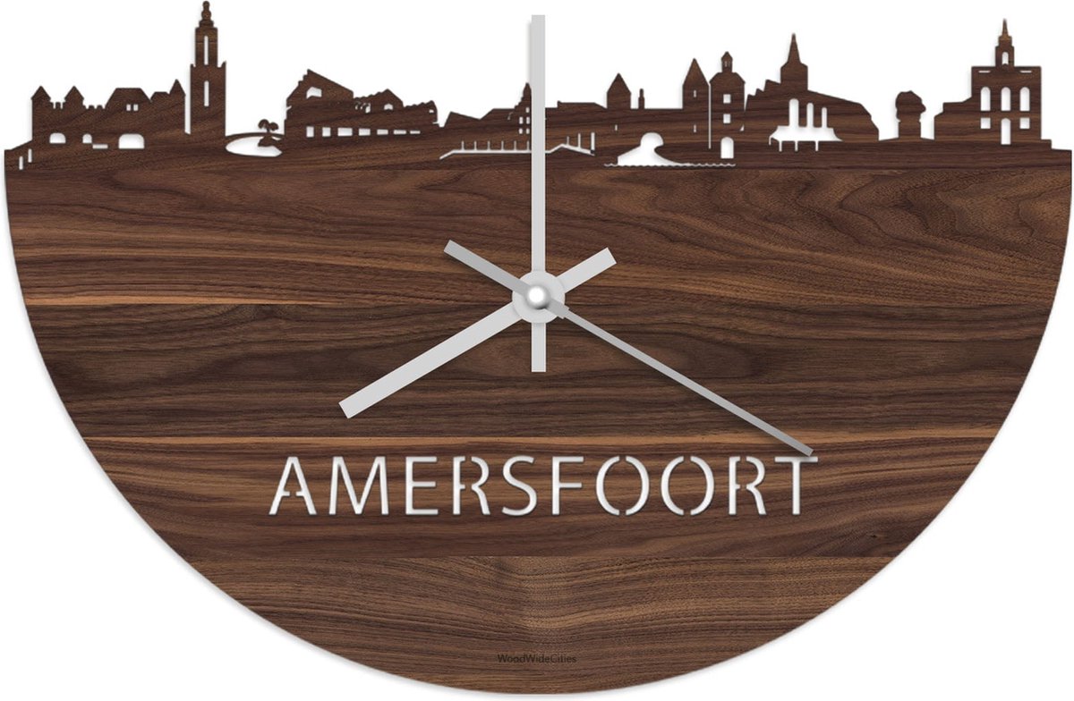 Skyline Klok Amersfoort Notenhout - Ø 40 cm - Stil uurwerk - Wanddecoratie - Meer steden beschikbaar - Woonkamer idee - Woondecoratie - City Art - Steden kunst - Cadeau voor hem - Cadeau voor haar - Jubileum - Trouwerij - Housewarming -