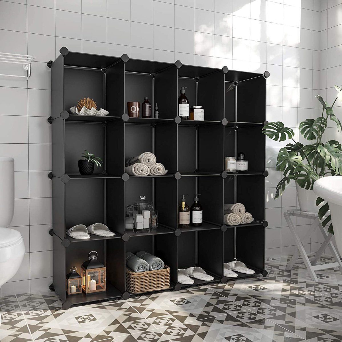 Meuble Rangement 16 Cubes SONGMICS | Étagère Plastique Modulable 153x153cm | Blanc LPC44L