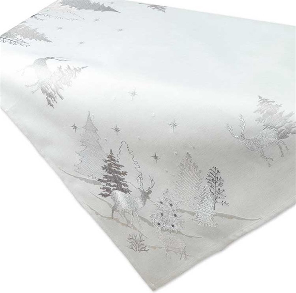 Tafelkleed - Kerst - wit met rendieren, kerstbomen en zilverdraad - herten - Vierkant 85 cm