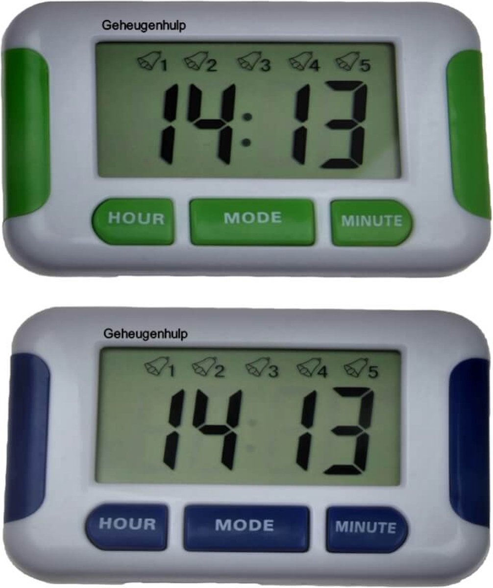 Medicijnalarm met 5 duidelijke alarmen -set van 2 - countdowntimer- Blauw en groen
