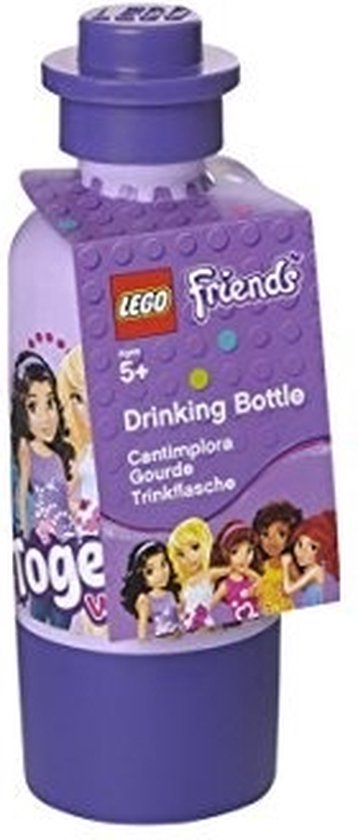 Gourde LEGO Friends violette avec illustration de copines, autocollant logo LEGO et bouchon style LEGO.