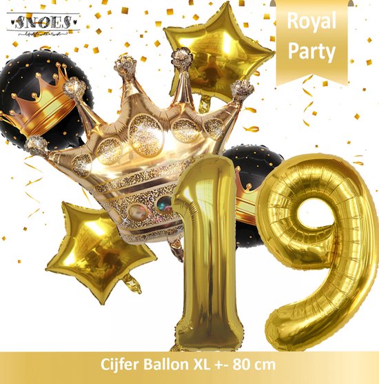 Cijfer Ballon 19 * Snoes * Black & Gold Thema * Prinsen & Prinsessen * Crown * Kroon * Royal Celebration * Verjaardag Decoratie Ballonnen Pakket * Boeket Ballonnen * Nummer Ballon 19