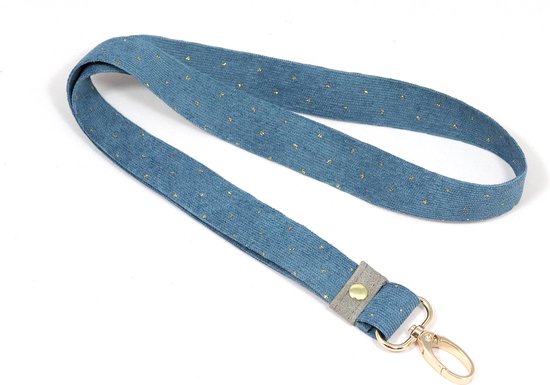 Blauw corduroy keycord met gouden stipjes en gouden karabijnsluiting.