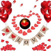 Valentijnsdag decoratie set-1000 rozenblaadjes rozen, 50 hartvormige theelichtjes, 1 banner, 10 rode hartvormige folieballonnen