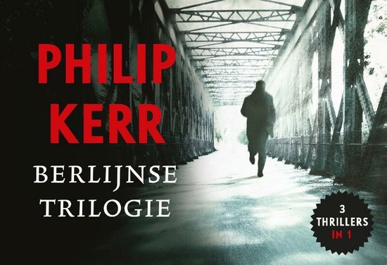 Couverture du livre 'Berlijnse trilogie' de Philip Kerr, avec un homme marchant dans un tunnel.