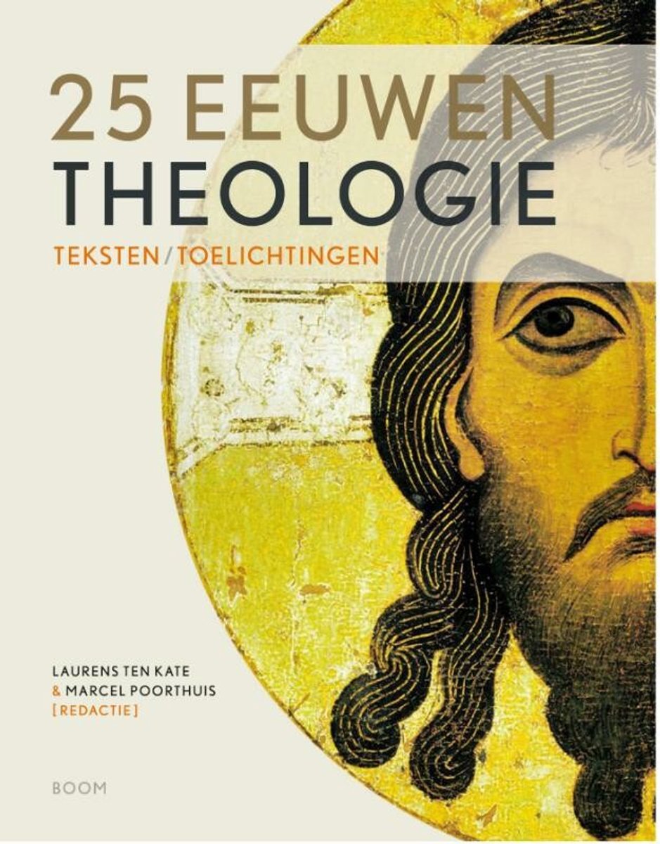 Boekomslag met de titel '25 EEEUWEN THEOLOGIE' en een icoon van het gezicht van Christus, met gouden achtergrond.