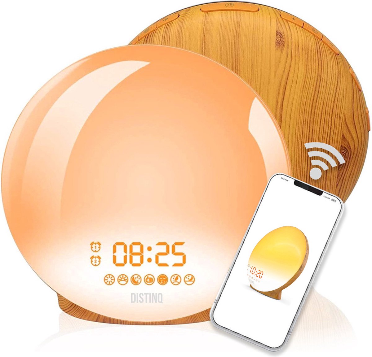 DistinQ Wake-Up Light – Wifi Smart – Wekkerradio met dubbele wektijd – Slaaphulp met USB aansluiting - Houtkleurig - DistinQ