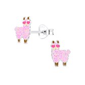 Joy|S - Zilveren Alpaca Lama oorbellen - 6 x 8 mm - roze met glitter en roze hartjes bril