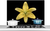 Spatscherm keuken 100x65 cm - Kookplaat achterwand Een gele leliebloem over zwarte achtergrond - Muurbeschermer - Spatwand fornuis - Hoogwaardig aluminium