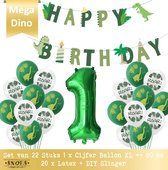 Cijfer Ballon 1 Jaar Dino * Hoera 1 Jaar Snoes * Mega Pack Dinosaurus Dino Ballonnen Jungle Safari 20 x Latex 1 x Cijfer &  1 x DIY Slinger Happy Birthday * 80 cm Verjaardag Nummer