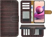 Xiaomi Redmi Note 10s Hoesje - Bookcase - Portemonnee Hoes Echt leer Wallet case Croco Bordeauxrood
