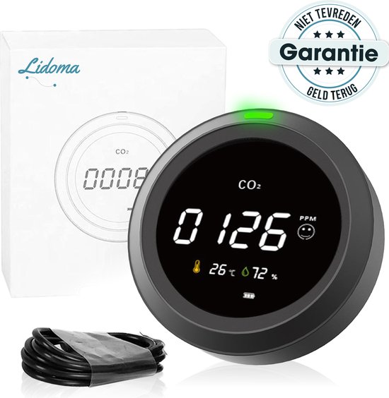Lidoma CO2 meter - Luchtkwaliteitsmeter - Met hygrometer en thermometer - Draagbaar & oplaadbaar - Zelf kalibrerende NDIR sensor