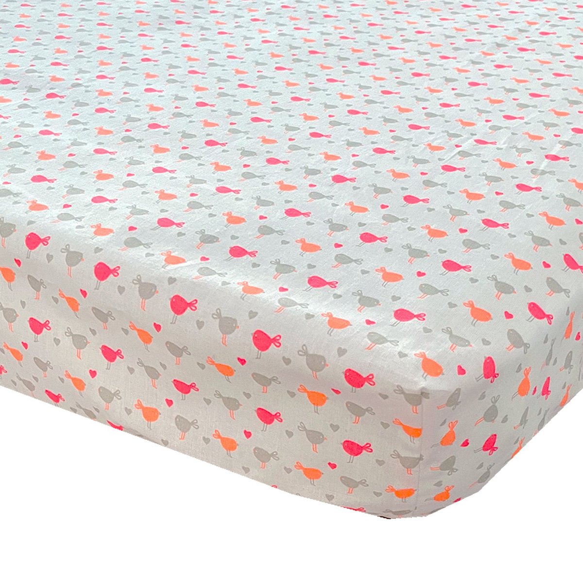 BINK Bedding Hoeslaken Birdie 70 x 150 - juniorbed - peuterbed - kinderkamer - neon - oranje - roze - grijs - wit - vogels - hartje