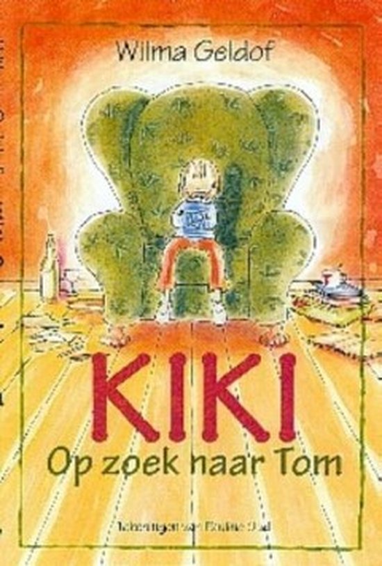 Boek KIKI op zoek naar Tom, met een illustratie van een kind zittend in een grote stoel.