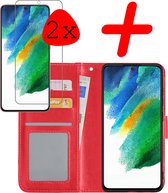 Samsung Galaxy S21 FE Hoesje Bookcase Met 2x Screenprotector - Samsung Galaxy S21 FE Case Hoes Cover - Samsung Galaxy S21 FE 2x Screenprotector - Rood