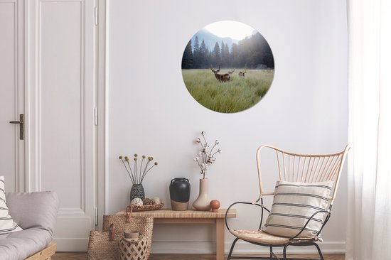 WallCircle - Muurstickers - Behangcirkel - Bos - Herten - Mist - 50x50 cm - Muurcirkel - Zelfklevend - Ronde Behangsticker