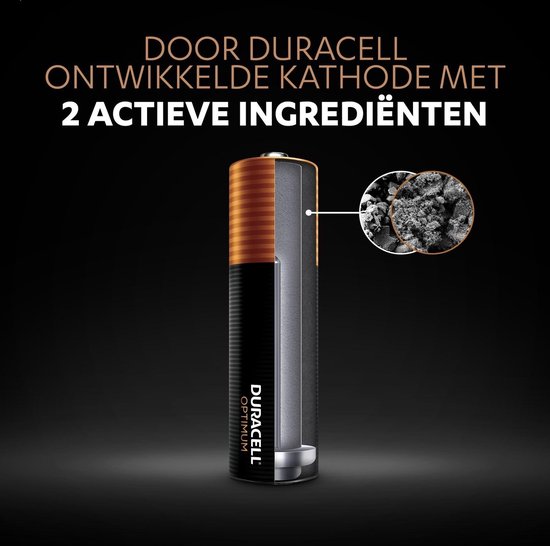 Coupe transversale d'une pile Duracell Optimum AA montrant 2 ingrédients actifs.