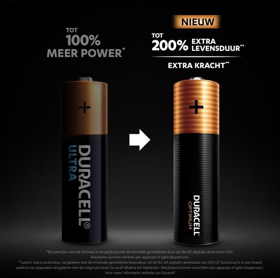 Comparaison pile Duracell Ultra AA (gauche) avec pile Duracell Optimum AA (droite).