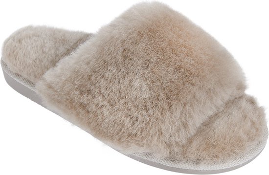 Fluffy Slip-on Slipper Camel - Véritable peau de mouton - avec semelle en caoutchouc souple - Taille 36