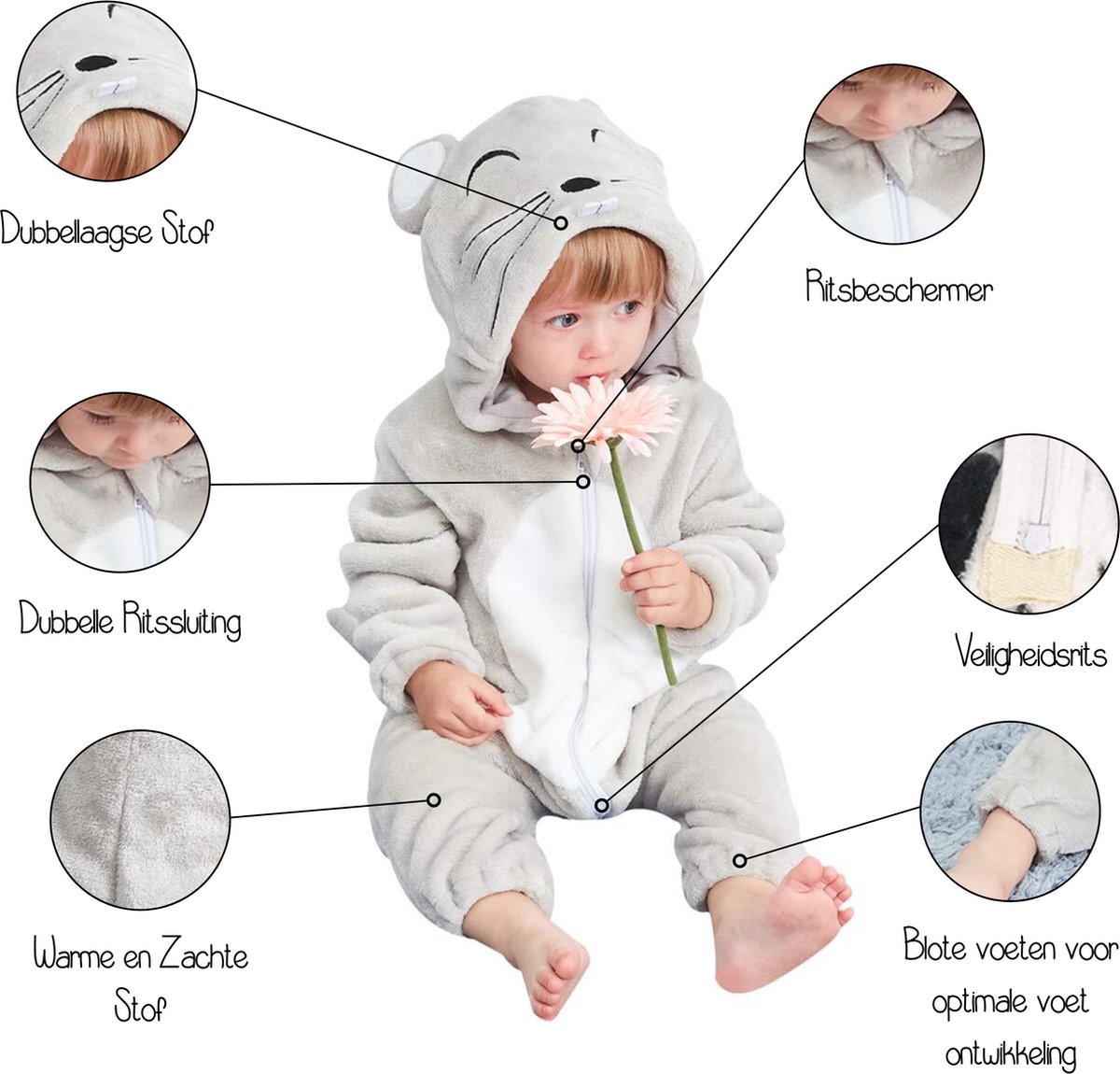 JAXY Baby Onesie - Baby Rompertjes - Baby Pyjama - Baby Pakje - Baby Verkleedkleding - Baby Kostuum - Baby Winterpak - Baby Romper - Baby Skipak - Baby Carnavalskleding - EU (label 90) - Muis — afbeelding 6