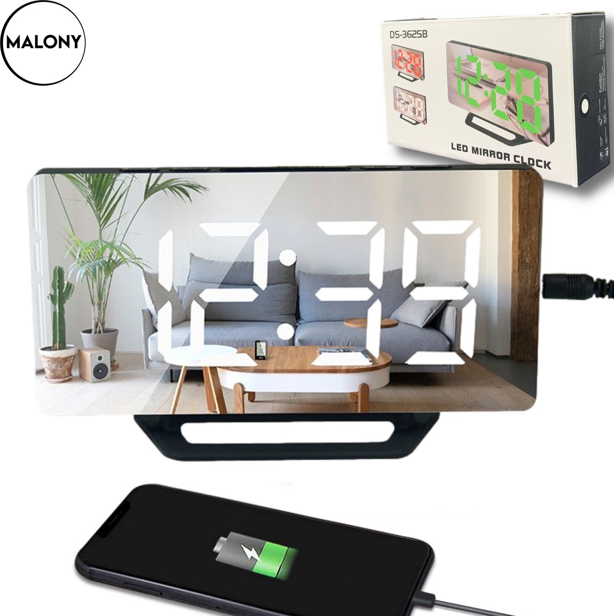 Malony Digitale Wekker - LED Klok - 2 Usb Aansluitingen voor Opladers - Incl. Batterij - Ophangbaar - Wit Led